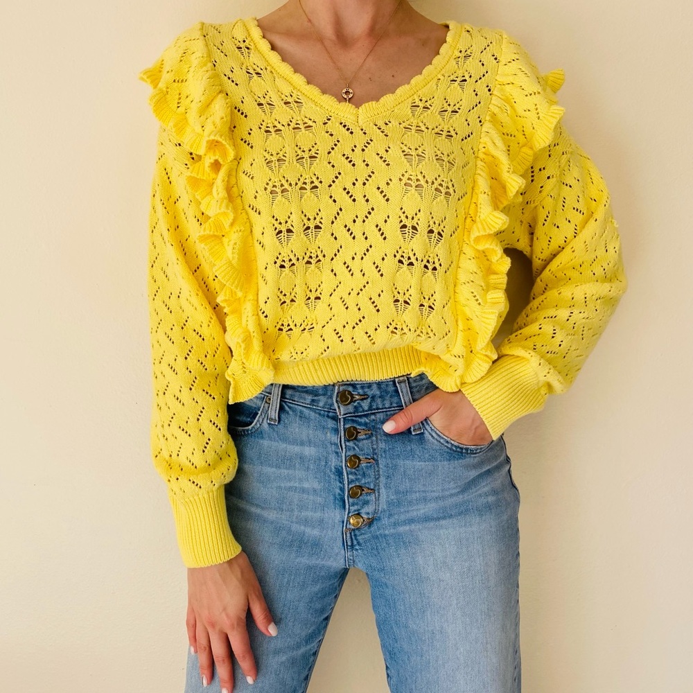 New Marc New York Ruffle Shoulder Cable Knit cotton pullover Sweater